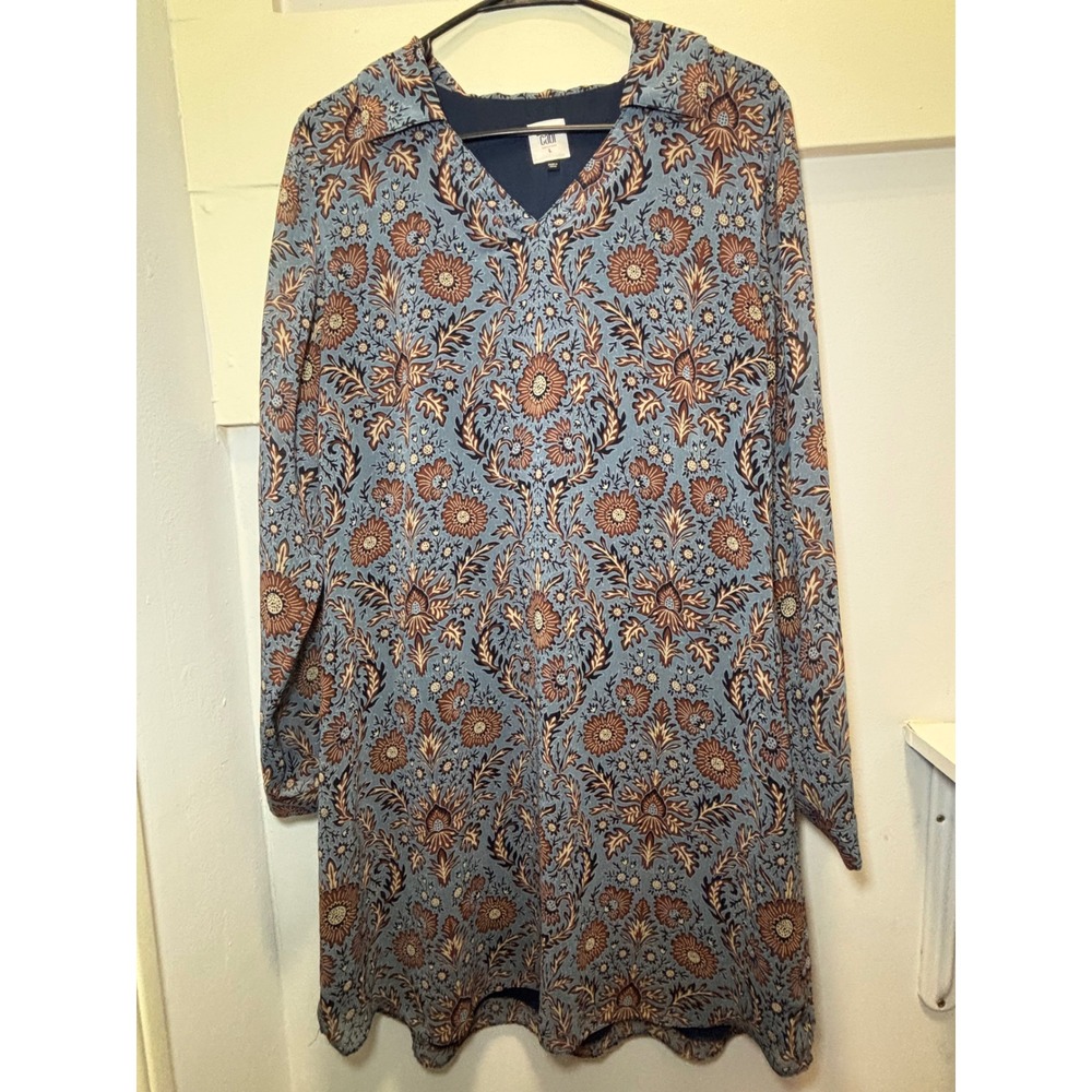 Cabi Sovereign Dress 3295 Blue Floral V-Neck Long Sleeve Shift L Womens